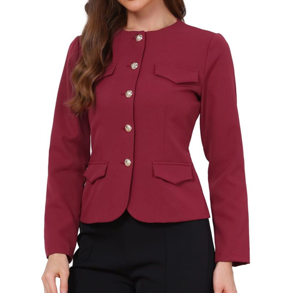 Women Collarless Button Down Fitted Business Casual Blazer Jacket Wine Red